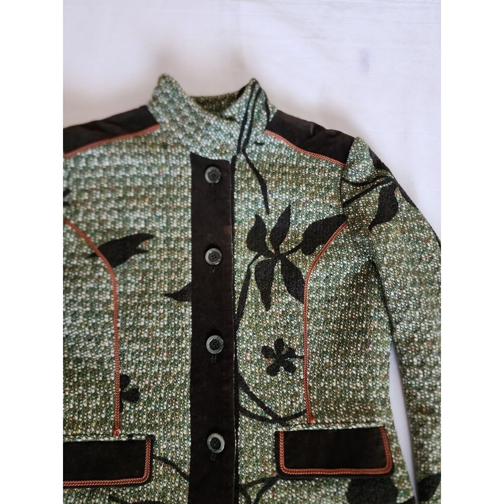 Otti Zen High Neck Button Front Faux Pockets Tweed Jacket Green/Black Small - Picture 4 of 12